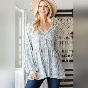 Blue and White Oversize Long Sleeve Babydoll Button Down Top Medium